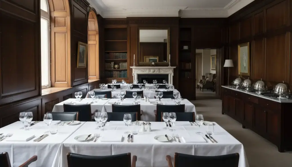 Private club dining room with dark wood panelling, white tablecloths and silver set for lunch