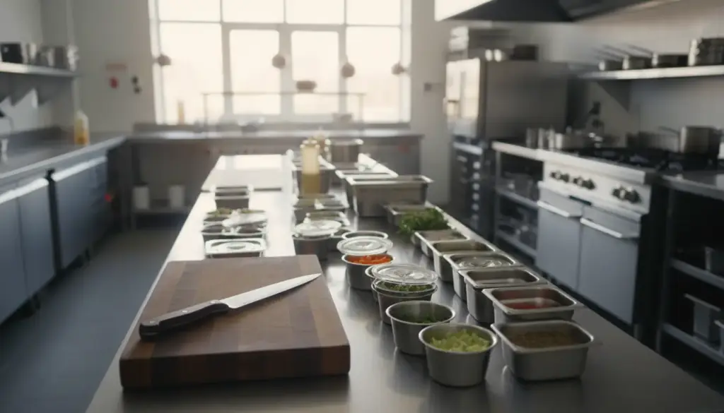 A restaurant kitchen prep station with mise en place and a chef knife on a board