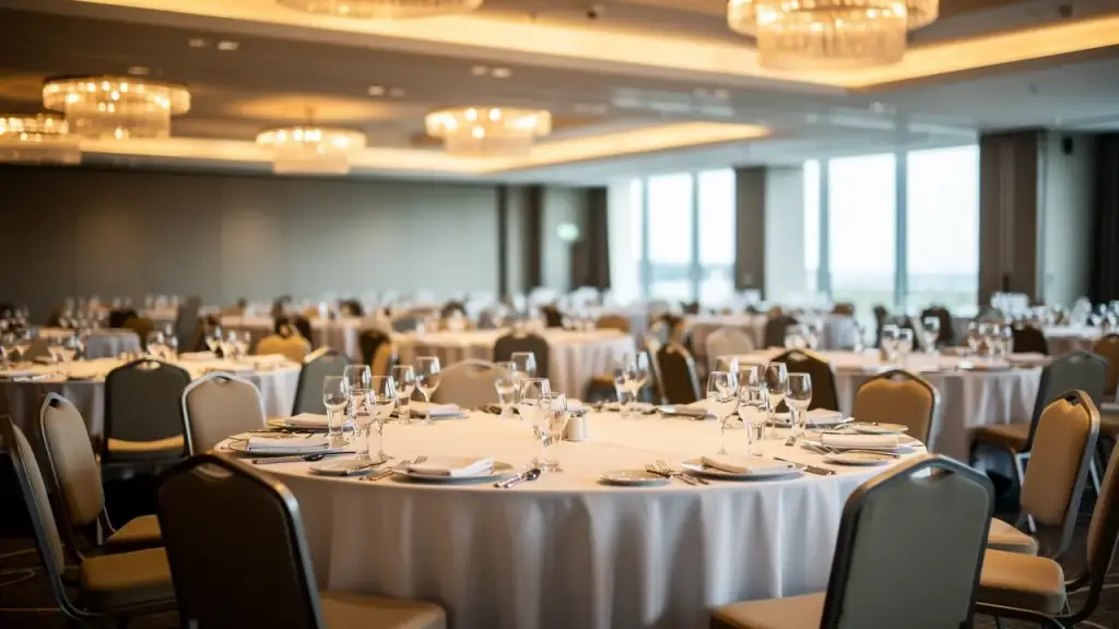 A hotel banquet hall set with linen, glassware and chandeliers before an event