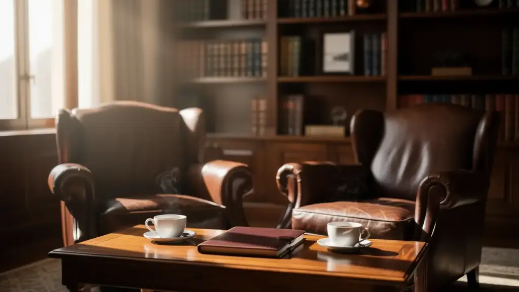 A quiet private club library with two leather armchairs set for a conversation